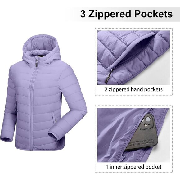 Women's Lavender Full Zip Up Puffer Hood Quilted Jacket Lightweight Coat - Picture 3 of 6